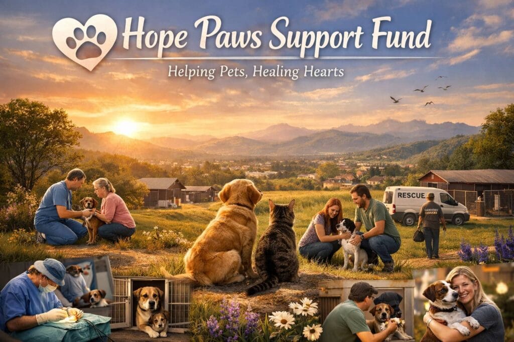 Dog and cat with volunteers beside rescue vehicle, Hope Paws Support Fund animal welfare nonprofit organization