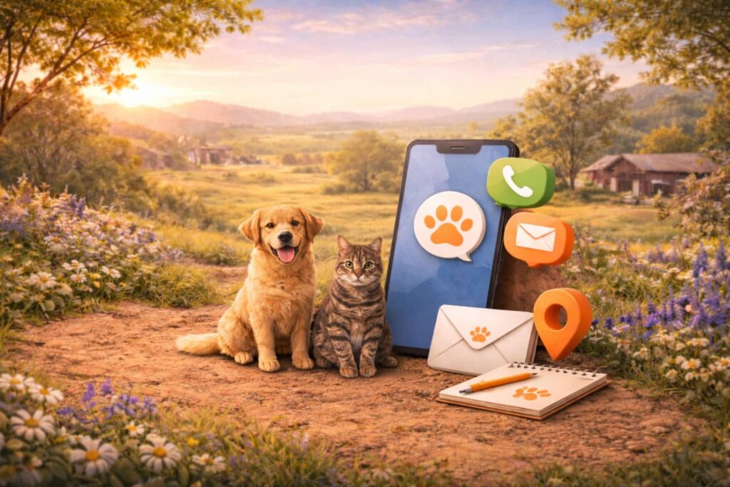 Contact us illustration with dog, phone, and email icons