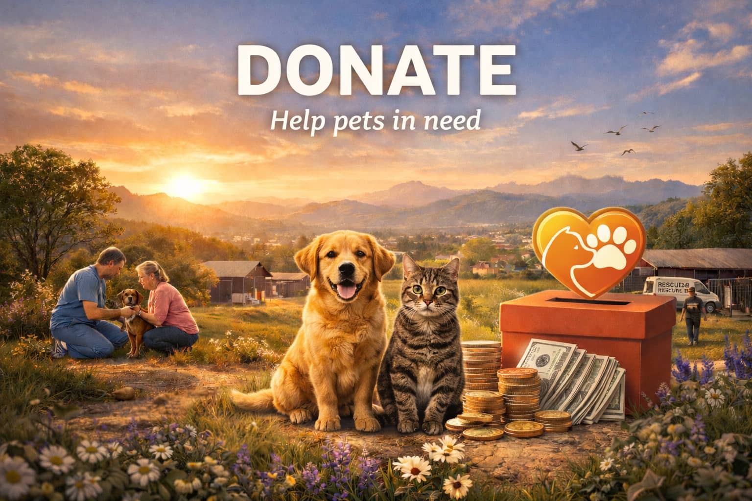 Dog and cat with volunteers and rescue vehicle, nonprofit helping dogs in need, Hope Paws Support Fund