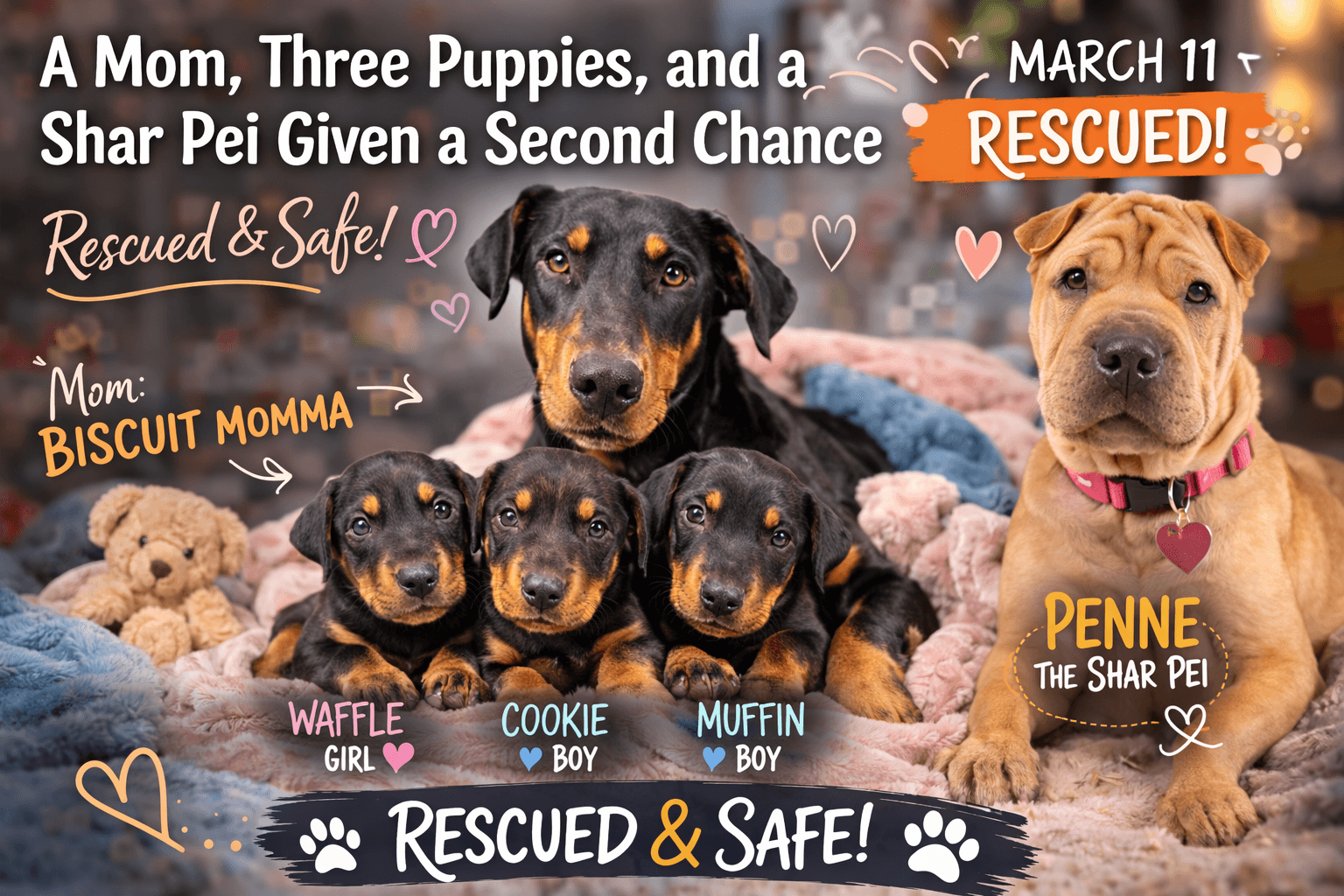 Doberman mom with three puppies and rescued Shar Pei Penne after dog rescue Riverside shelter