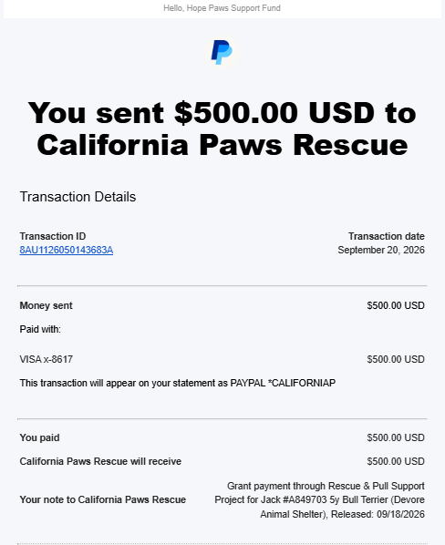 Payment Proof - Hope Paws Support Fund - Califormia Paws Jack