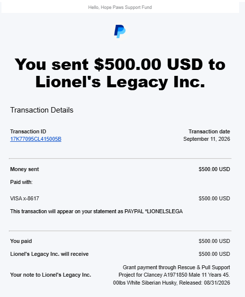 Payment Proof - Hope Paws Support Fund - Lionel Clancey