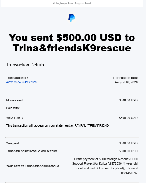   - Hope Paws Support Fund - progress Kaiba
