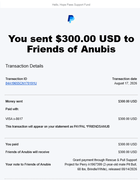   - Hope Paws Support Fund - progress perry 300
