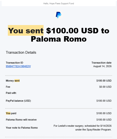 Payment Proof - Hope Paws Support Fund - Paloma Spay
