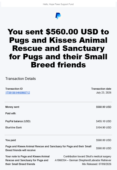 Payment Proof - Hope Paws Support Fund - Pugs Struts