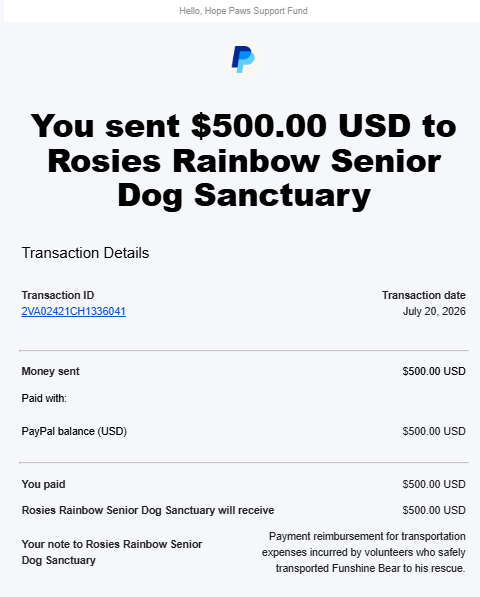 Payment Proof - Hope Paws Support Fund - Rosy Bear