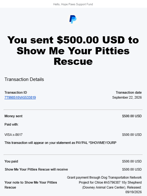 Payment Proof - Hope Paws Support Fund - ShowYourPit Chloe