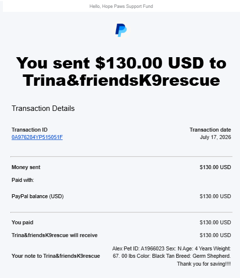Payment Proof - Hope Paws Support Fund - Trina